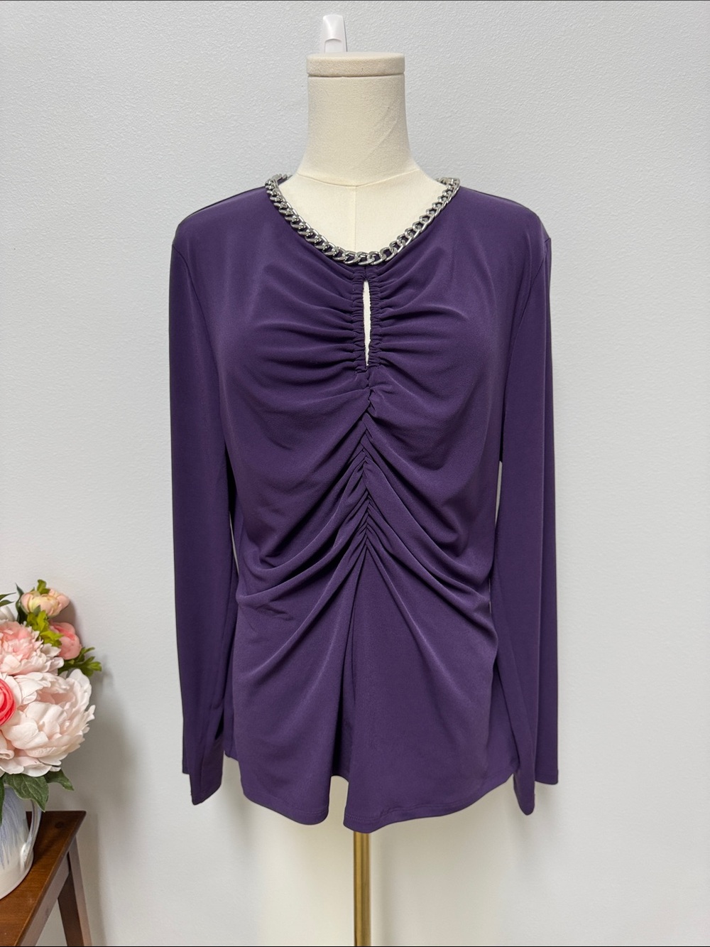 Women’s Purple Ruched Long Sleeve Top with Chain Trim